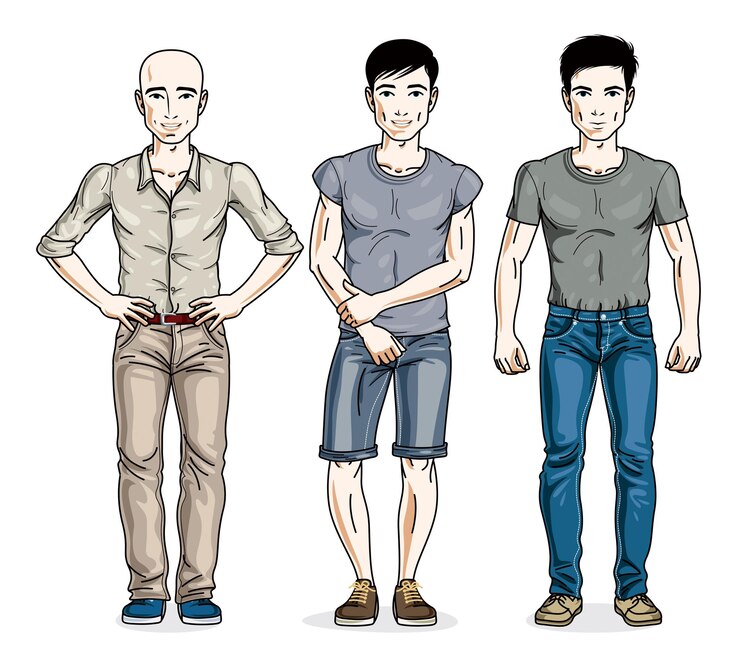 Vetor homens jovens bonitos em roupas casuais elegantes. conjunto de ilustrações vetoriais de diversas pessoas.