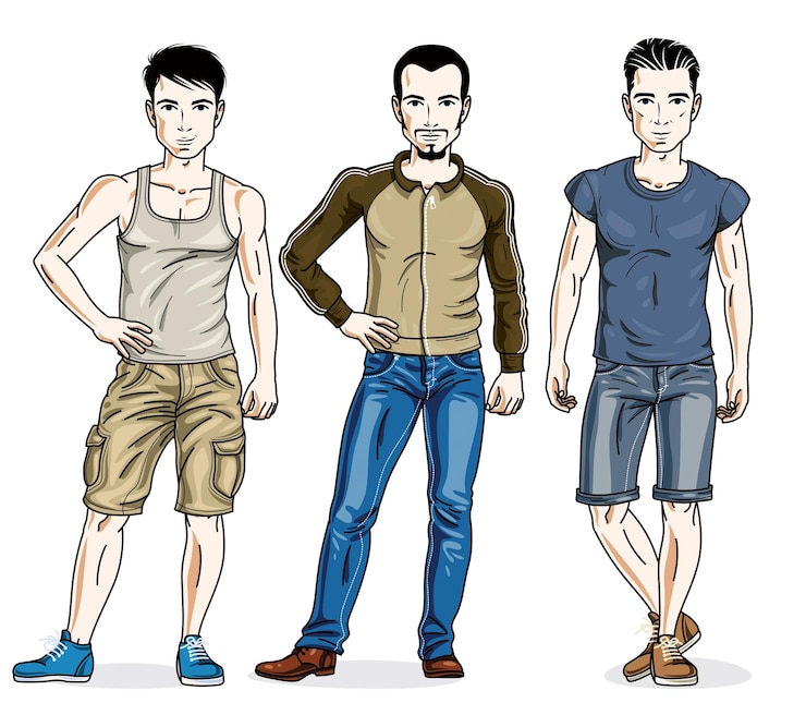 Vetor homens jovens bonitos posando vestindo roupas casuais. conjunto vetorial de ilustrações de pessoas bonitas. personagens masculinos do tema estilo de vida.