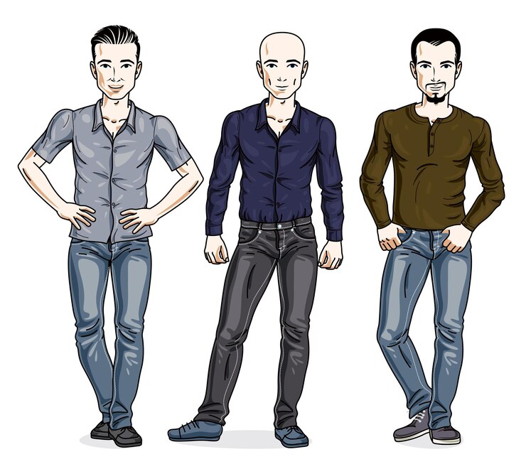 Vetor homens jovens bonitos posando vestindo roupas casuais. conjunto vetorial de ilustrações de pessoas bonitas. personagens masculinos do tema estilo de vida.