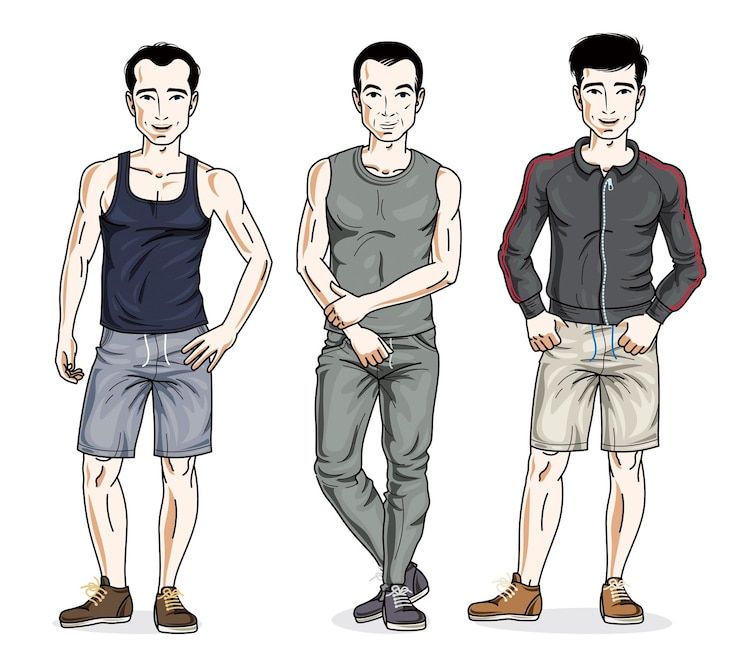 Vetor homens jovens bonitos vestindo roupas esportivas elegantes. conjunto vetorial de ilustrações de pessoas bonitas.