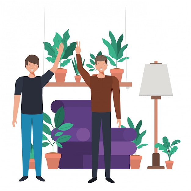 homens jovens em personagem de avatar de sala de estar