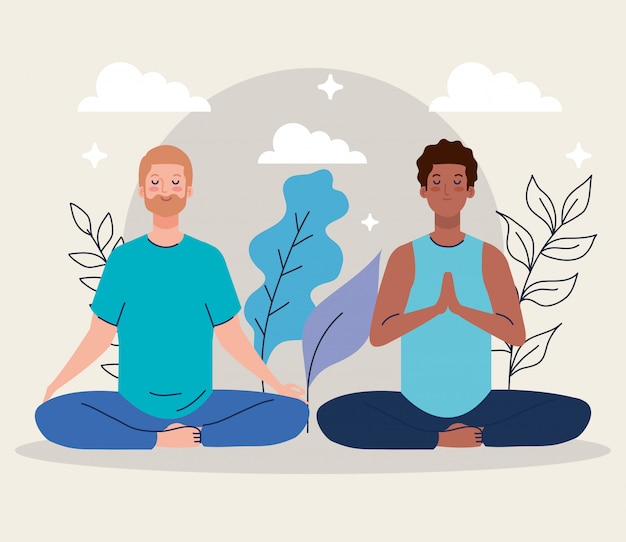 Vetor homens meditando na natureza e folhas, conceito para yoga, meditação, relaxar, estilo de vida saudável