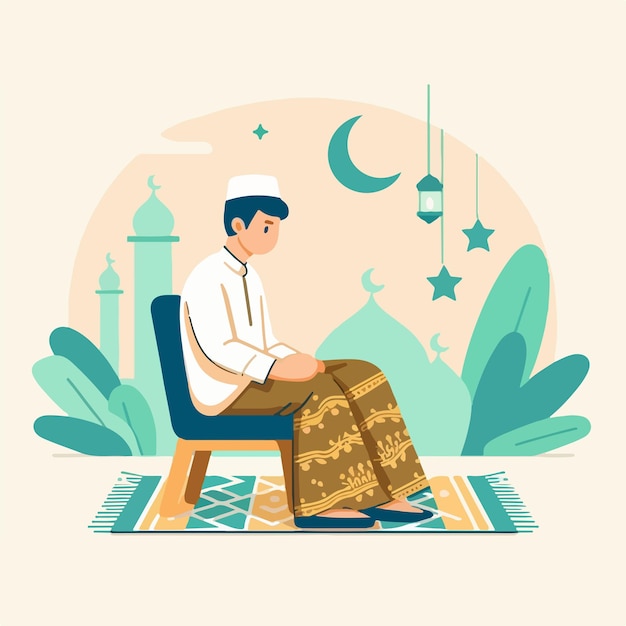 Vetor homens muçulmanos usam sarongs ramadhan vibrações com um estilo de design plano