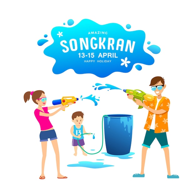 Homens, mulheres e crianças jogando armas de água no happy songkran day tailândia ilustração vetorial