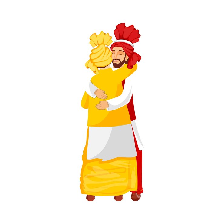 Vetor homens punjabi abraçando um ao outro no fundo branco.