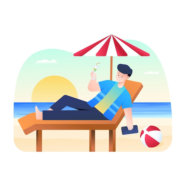 Homens relaxando na praia tomando suco