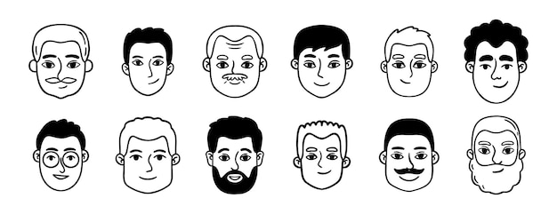 homens retratos homens rabiscos conjunto rabiscos set de ícones desenhados à mão esboço desenho homem cabeças e rostos linha coleção de símbolos clipart