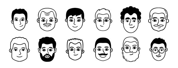 homens retratos homens rabiscos conjunto rabiscos set de ícones desenhados à mão esboço desenho homem cabeças e rostos linha coleção de símbolos clipart