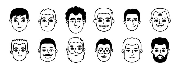 homens retratos homens rabiscos conjunto rabiscos set de ícones desenhados à mão esboço desenho homem cabeças e rostos linha coleção de símbolos clipart