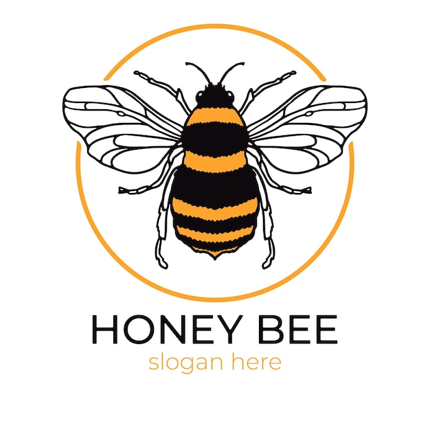 Honey Bee logotipo com círculo de contorno amarelo e texto Design Animal Mascot Vetor Premium