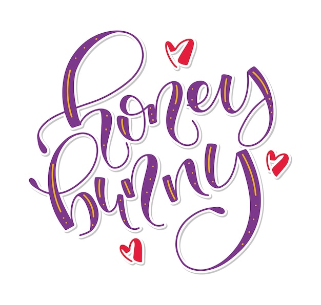 Honey bunny letras coloridas desenhadas à mão com corações de doodle