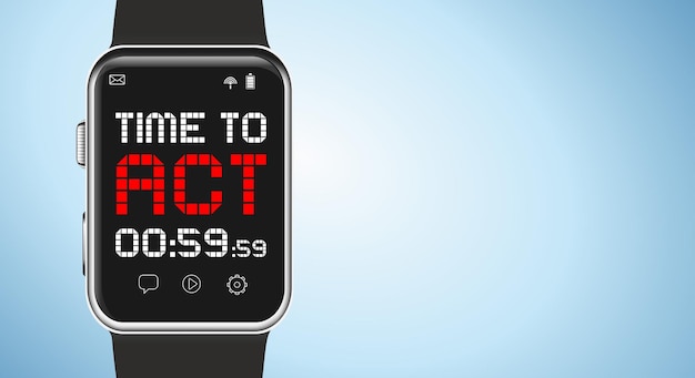 Hora de agir, texto eletrônico na tela lcd do relógio inteligente com contagem regressiva, sobre fundo azul gradiente. copie o espaço. ilustração vetorial