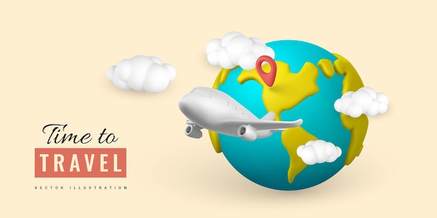 Vetor hora de viajar design de banner promocional conjunto de avião 3d com nuvem de localização de pinos e planeta terra em estilo minimalista viagem de verão ilustração vetorial