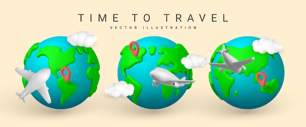 Hora de viajar design de banner promocional conjunto de avião 3d com nuvem de localização de pinos e planeta terra em estilo minimalista viagem de verão ilustração vetorial