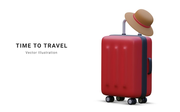 Hora de viajar design de banner promocional Objetos vetoriais de renderização realistas em 3d de verão Saco de carrinho de viagem com chapéu de verão Viagens de verão Ilustração em vetor