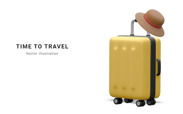 Hora de viajar design de banner promocional Objetos vetoriais de renderização realistas em 3d de verão Saco de carrinho de viagem com chapéu de verão Viagens de verão Ilustração em vetor