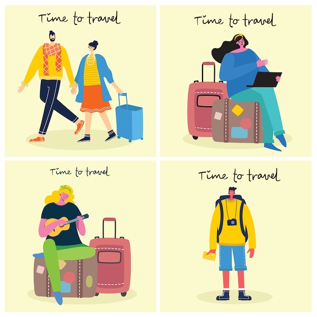 Hora de viajar. ilustração vetorial com viajante jovem isolado em várias atividades com equipamentos de bagagem e turismo em moderno design plano