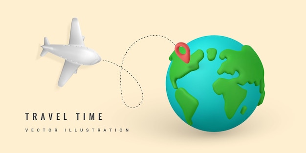 Hora de viajar plano 3D de design de banner promocional com localização de pinos e planeta Terra em estilo minimalista Viagem de verão Ilustração vetorial