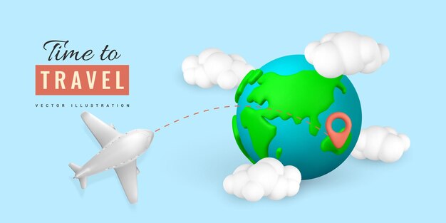 Hora de viajar plano 3d de design de banner promocional com nuvem de localização de pinos e planeta terra em estilo minimalista viagem de verão ilustração vetorial