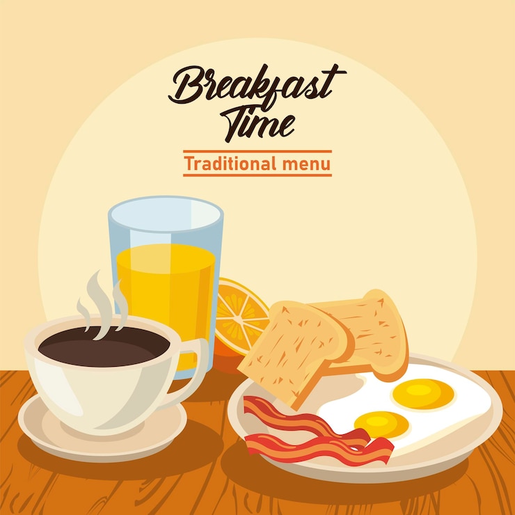 Vetor hora do café da manhã com ovos fritos e drinks