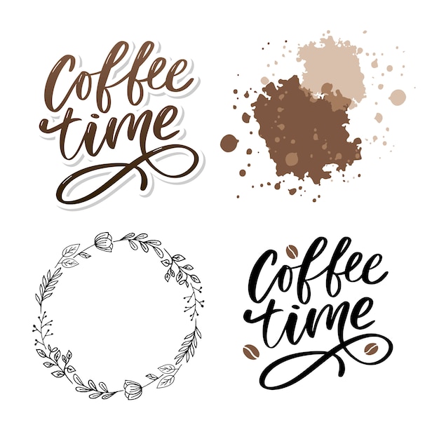 Hora do café slogan positivo desenhado de mão. caligrafia de escova moderna. conjunto de ilustração de tinta