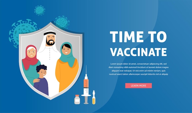 Hora do projeto do conceito de vacinação da família muçulmana para vacinar a seringa da bandeira com a vacina contra a gripe covídea