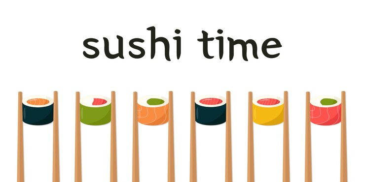 Vetor hora do sushi. banner vetorial com rolos em palitos - sushi vegano e sushi com salmão. comida asiática