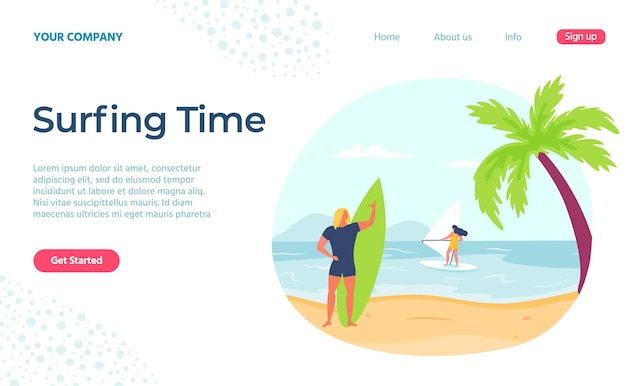 Horário de surf de verão, página de destino de férias na praia. Férias no oceano, férias de verão, ilustração vetorial