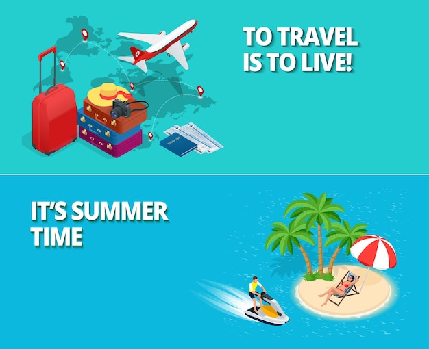 Horário de verão e conceito de viagens. Dois banners ou flyer. Ilustração isométrica de vetor 3d plana