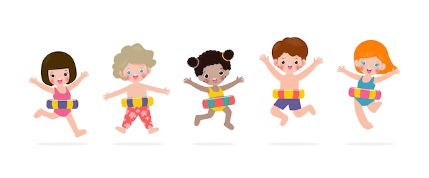 Horário de verão feliz grupo de crianças em roupas de banho com anel de borracha no fundo branco