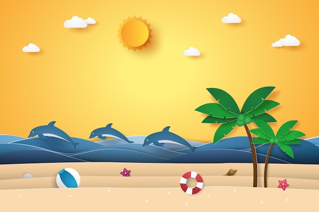 Horário de verão, mar com golfinhos, praia e coqueiro, estilo arte em papel