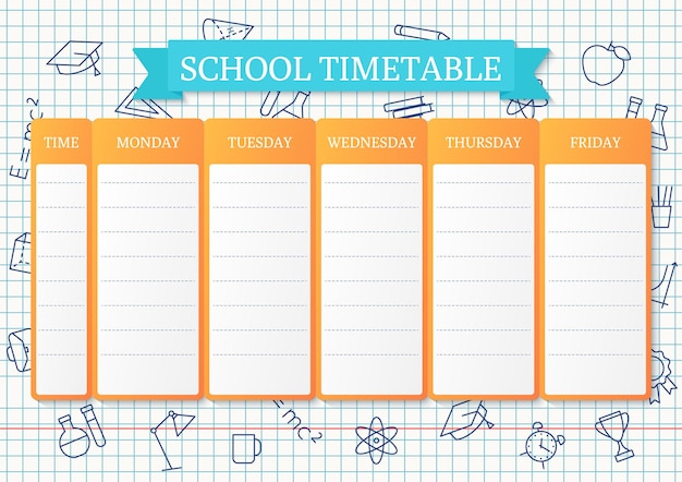Horário escolar horário para crianças horário semanal com aulas modelo de plano de estudante com ícones escolares