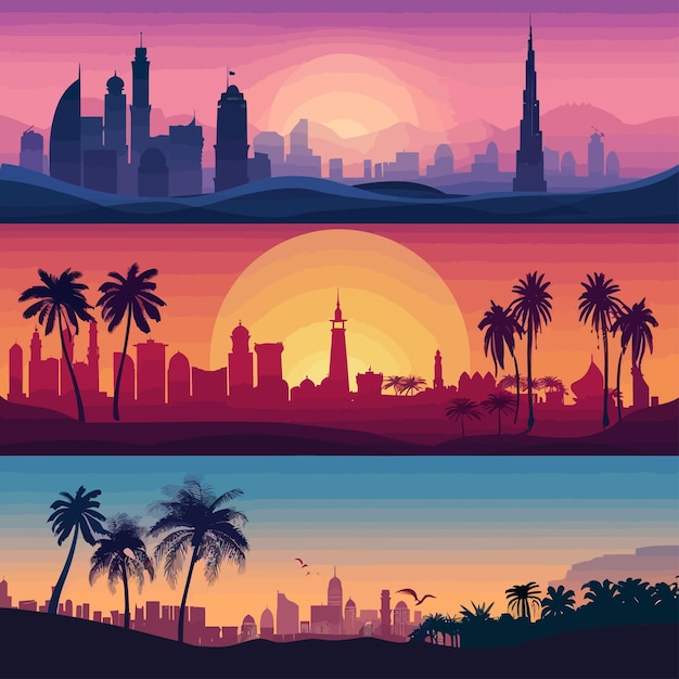 Vetor horizontal_abstract_banners_of_arab_city_with_palm_tree