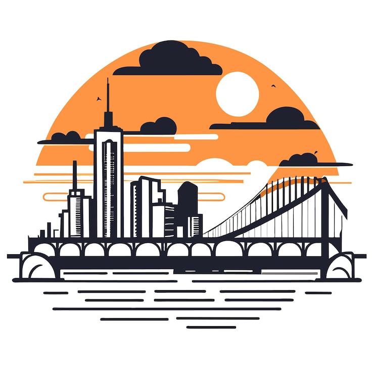 Vetor horizonte da cidade com edifícios e ponte sobre um lago ou rio ao pôr do sol