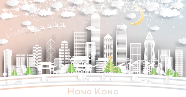 Horizonte da cidade de hong kong china em estilo de corte de papel com lua de flocos de neve e guirlanda de néon