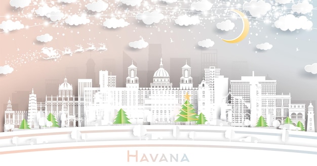 Horizonte da cidade de inverno de havana cuba em estilo de corte de papel com lua de flocos de neve e guirlanda de néon