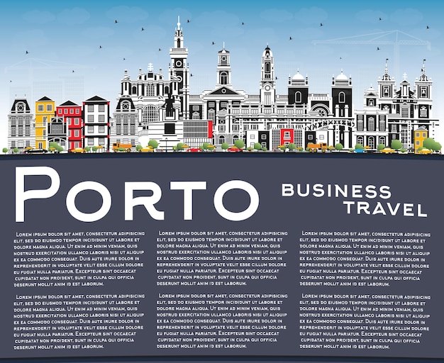 Vetor horizonte da cidade de porto portugal com céu azul de edifícios coloridos e espaço para texto