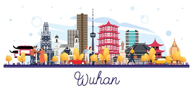 Horizonte da cidade de wuhan china com edifícios coloridos isolados em ilustração vetorial branca conceito de viagens e turismo de negócios com arquitetura moderna paisagem urbana de wuhan com pontos de referência