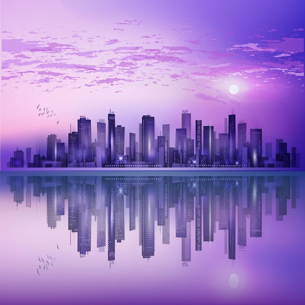 Horizonte da cidade noturna moderna à luz da lua ou ao pôr-do-sol com reflexo