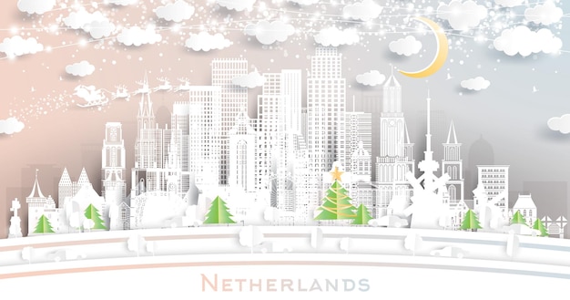 Horizonte da holanda em estilo de corte de papel com lua de flocos de neve e guirlanda de néon