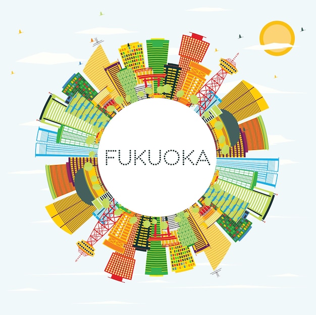 Horizonte de fukuoka com edifícios coloridos, céu azul e espaço de cópia. ilustração vetorial. viagem de negócios e conceito de turismo com arquitetura moderna.