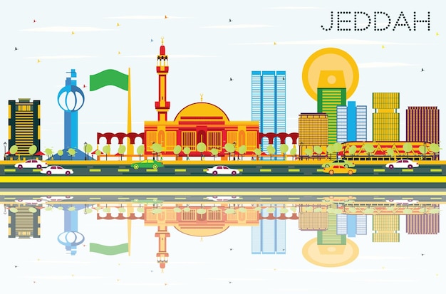 Horizonte de jeddah com edifícios de cor, céu azul e reflexos. ilustração vetorial. viagem de negócios e conceito de turismo com edifícios modernos. imagem para cartaz de banner de apresentação e site.