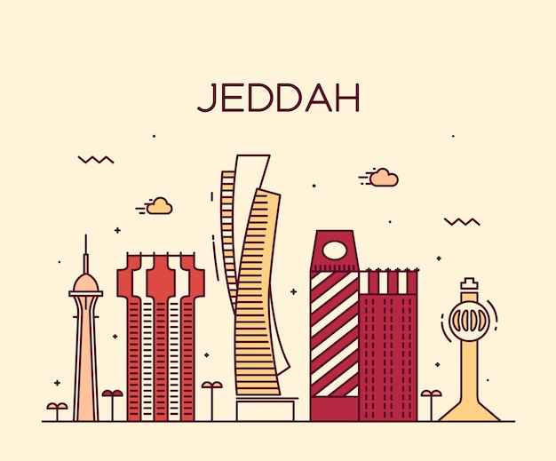 Horizonte de jeddah, silhueta detalhada. ilustração em vetor na moda, estilo linear