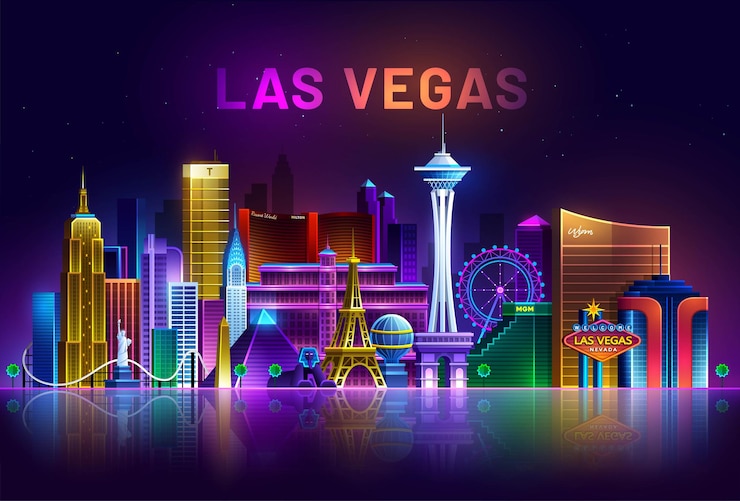 Vetor horizonte de las vegas, paisagem urbana de nevada iluminada por luzes de néon