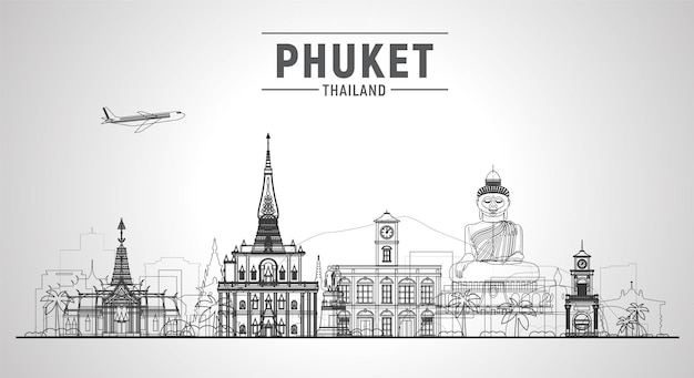 Horizonte de linha de phuket tailândia com panorama em fundo branco ilustração vetorial conceito de viagens e turismo de negócios com edifícios modernos