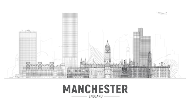 Vetor horizonte de manchester inglaterra com panorama em fundo branco ilustração vetorial conceito de viagens e turismo de negócios com edifícios modernos imagem para banner ou site