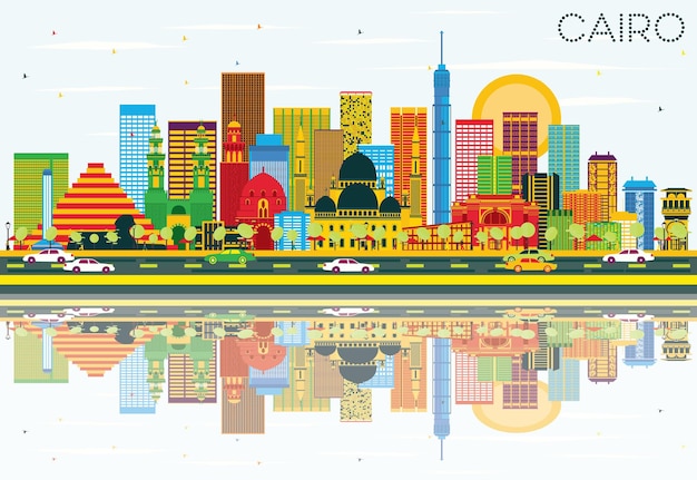 Horizonte do cairo com edifícios de cor, céu azul e reflexos. ilustração vetorial. viagem de negócios e conceito de turismo com edifícios históricos. imagem para cartaz de banner de apresentação e site.