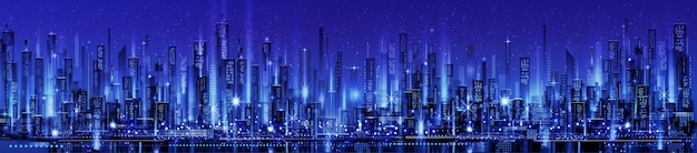 Horizonte noturno da cidade com brilho de néon Ilustração com arquitetura arranha-céus edifícios de megapolis
