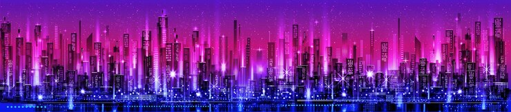 Vetor horizonte noturno da cidade com brilho de néon ilustração com arquitetura arranha-céus edifícios de megapolis