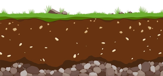 Vetor horizontes de superfície das camadas do solo estrutura da terra com uma mistura de matéria orgânica e pedras fundo paleontológico de desenho plano geologia ilustrativa